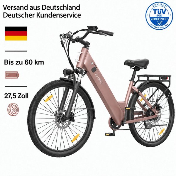 PIXAR E-Bike Cityrad Velopro C1 27,5 Zoll City Elektrofahrrad, 36 V 13 Ah Akku, 7-Gang, 7 Gang, Heckmotor, 468 Wh, Multifunktions-LCD, 250W Heckmotor, Gepäckträ