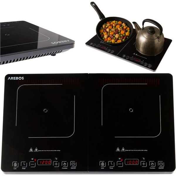 Arebos Doppel-Induktionskochplatte 3500W, 2 Kochzonen mit Touch-Display & Timer Überhitzungsschutz, Alle induktionsgeeigneten Kochutensilien