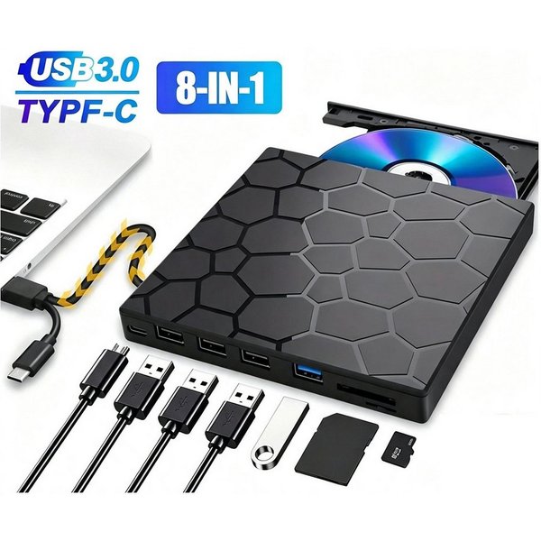 ibettertec Externes DVD Laufwerk, CD-Brenner mit 4 USB & 1 TF/SD-Steckplätze DVD-Brenner (Optical External DVD Drive für Laptop, PC, Desktop, MacBook, iMac)