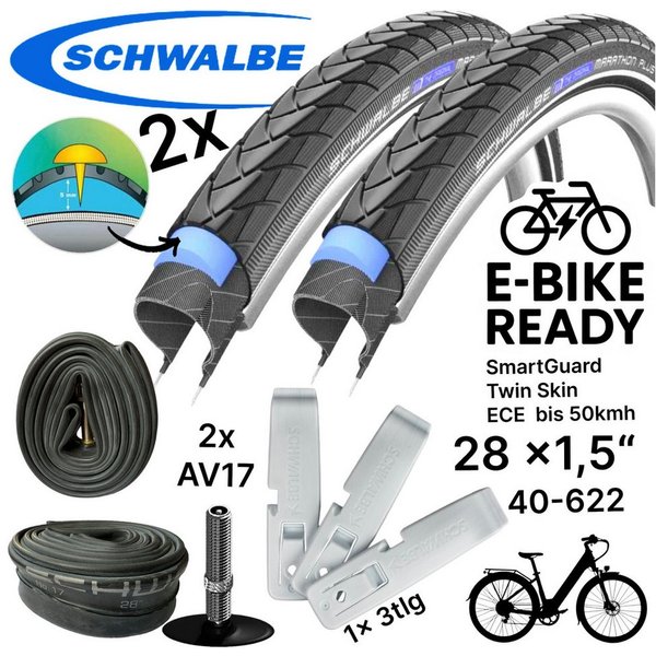 Schwalbe Fahrradschlauch 2x Schwalbe Marathon Plus 28 x 1,5 Reifen,Reifenheber,Schläuche AV 17