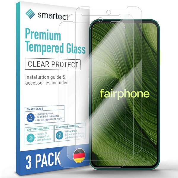 smartect Displayschutzglas 3X Schutzglas Panzerfolie Klar für Fairphone 6 für Fairphone 6, Set, 3 Stück, 0.3 mm Ultra-klar, 9H Härte, Kratzfest, Stoßfest, Blase