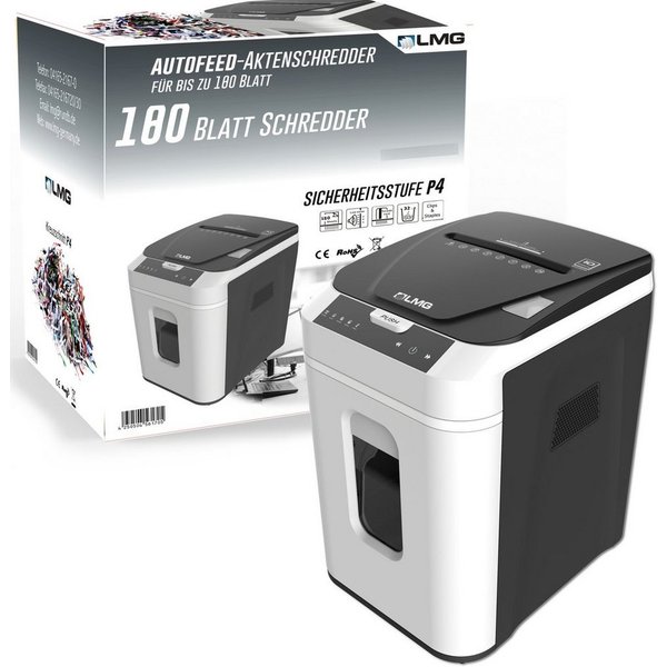 LMG Germany Aktenvernichter Autofeed Profi Shredder, 180 Blatt gleichzeitig, als P4 oder P5, Partikelschnitt Cross Cut, 32L Partikelschnitt weiß, sehr leise