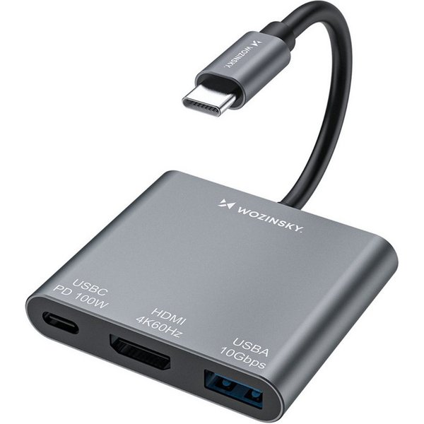 Wozinsky WHCH-01 USB-Adapter USB-C Stecker zu USB-C Buchse, HDMI Buchse, USB-A Buchse, 3-in-1 USB-C Hub mit 100 W PD und 4K HDMI