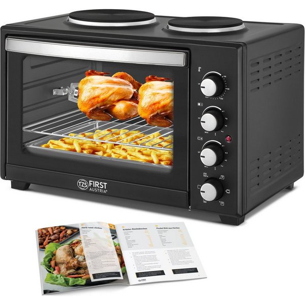 TZS FIRST AUSTRIA Minibackofen mit Kochplatten, 45L, Premium-X Coating,3200 Watt Umluft, Pizzaofen, max 230°C, Backblech, Drehspieß, Grillrost, Innenbeleuchtung