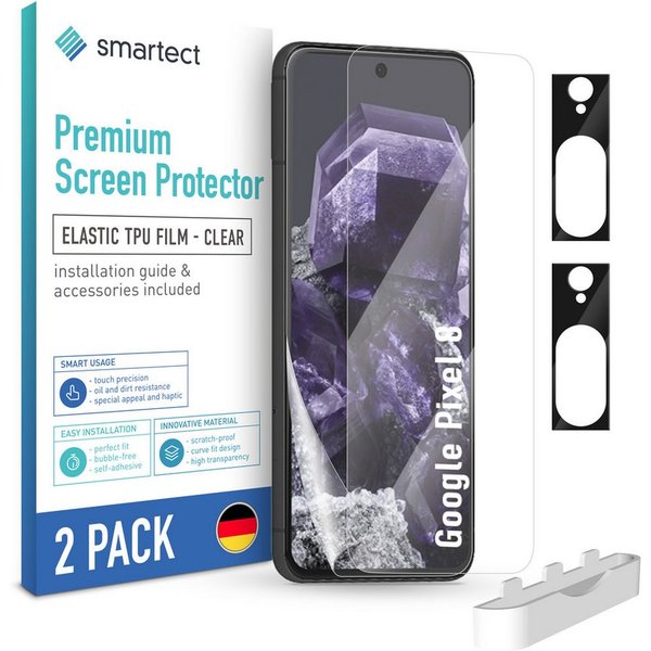 smartect Displayschutzfolie TPU Schutzfolie Klar 2 + 2 Stück für Google Pixel 8 (Display + Kamera) für Google Pixel 8, Set, 2 Stück, Ultra-klar, Kratzfest, Blas