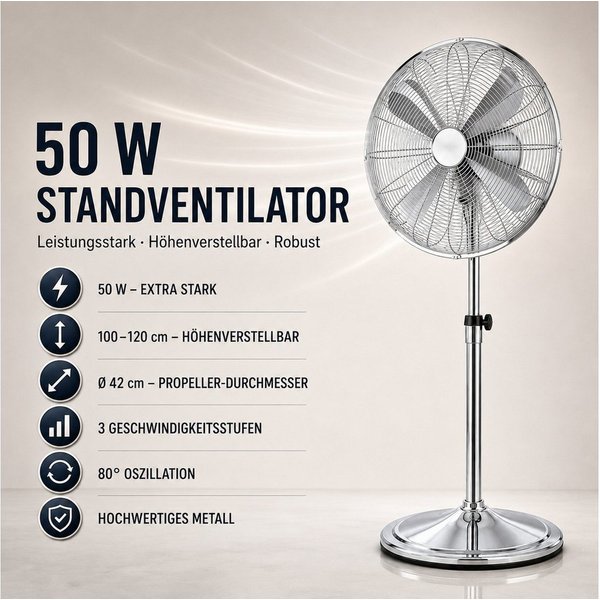 Ertex Standventilator EDELSTAHL Stand Ventilator 50W Metro 120cm Höhe Turmventilator Kühler
