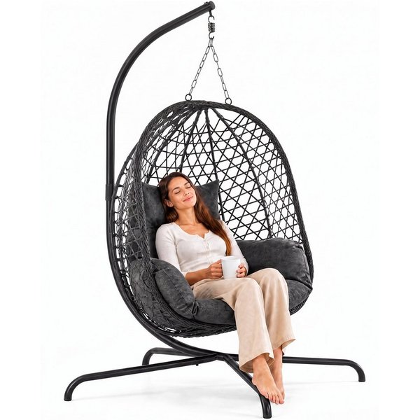 Goods+Gadgets Hängestuhl Polyrattan Hängestuhl mit Gestell und Kissen–Komfort für Innen & Außen (Hängekorb Sessel), Schwebeliege Rattan Outdoor & Indoor Relax H