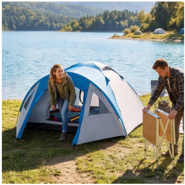 Outsunny Kuppelzelt Familienzelt mit Fenster, 1000mm Wassersäule für Reise Camping, Personen: 3 (Campingzelt, 1 tlg., Tunnelzelt), für Garten, Balkon, Blau+Grau