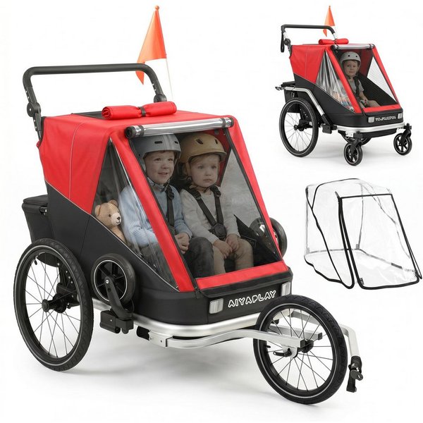 AIYAPLAY Fahrradkinderanhänger 2-Sitzer Faltbar Kinderfahrradanhänger, 2-in-1 klappbar, für 2 Kinder, Reflektoren