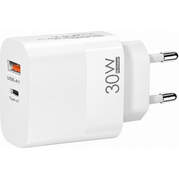 PlugUp 30W USB-C Schnellladegerät mit USB-C & USB-A Anschluss für Smartphones Smartphone-Ladegerät (3300 mA, Universelles Schnellladegerät für Smartphone, Table