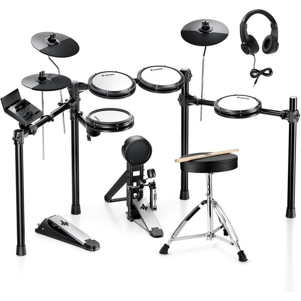 Donner E-Drum DED-100 Bluetooth 450 Sounds, 30 Drumkits Mesh-Fell, Hocker Kopfhörer,Set, Sitzhocker, Kopfhörer, Drumsticks, Bluetooth, 450 Sounds, über 30 Drum-