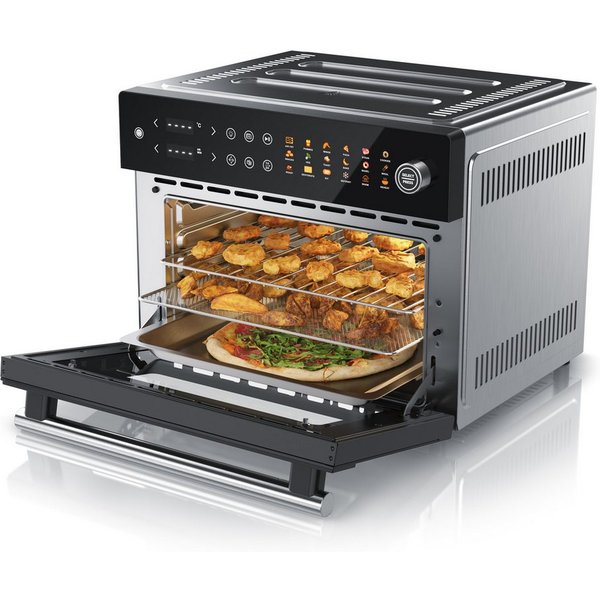 Arendo Minibackofen Airfryer 30L Edelstahl mit Umluft, XXL Heißluftfritteuse 1800W, mini Backofen Dörrgerät + Zubehör, Drehspieß, rotierender Frittierkorb