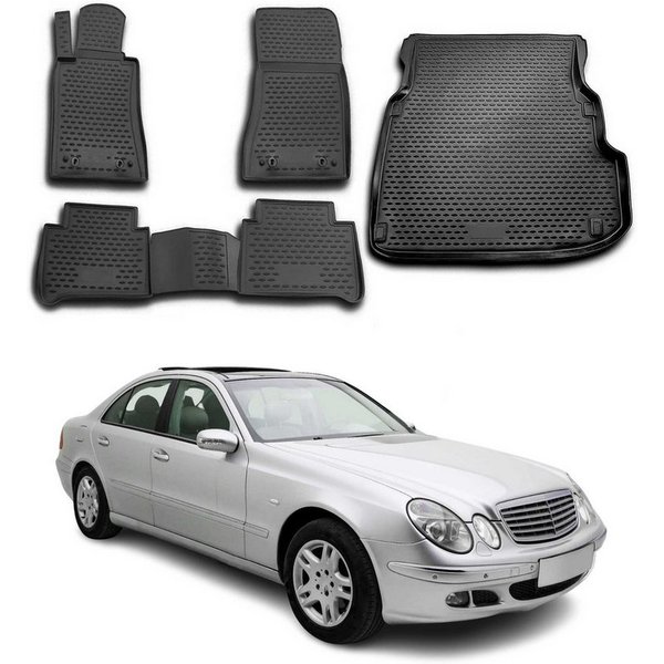 OMAC Auto-Fußmatten Fußmatten & Kofferraumwanne Set für Mercedes E Klasse W211 2002-2009 (5 St), für Mercedes E Klasse W211 2002-2009 Mercedes E Klasse W211 200