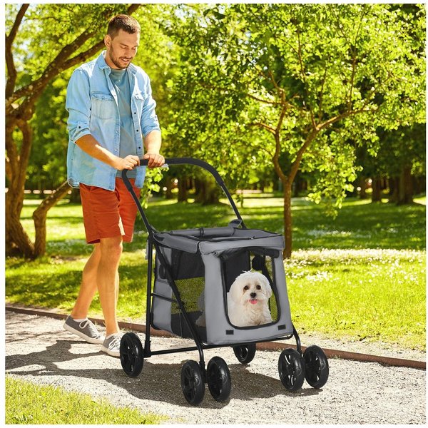 PawHut Hundebuggy Hundewagen, Katzenbuggy, mit Seitentaschen, Netzfenster, (Hundetrolley, 1-tlg), für kleine und mittelgroße Hunde bis 20 kg, Oxford-Gewebe, Gra