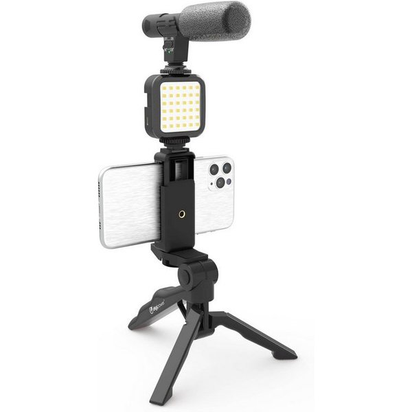 DigiPower Smartphone-Halterung Vlogging Set "Like Me", LEDs Mikrofon Handy Halterung Mini-Stativ, (4-tlg., für TikTok, Youtube, Live-Streaming und Meetings)