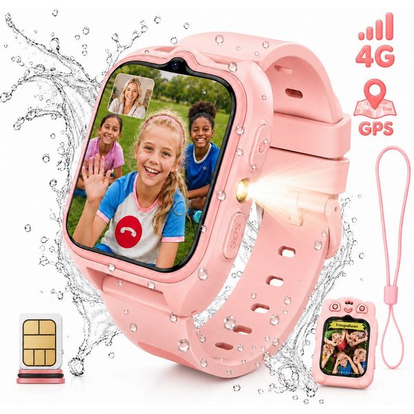 blackview 2026 Neues Kinderuhr 4G LTE mit GPS, HD-Videoanruf, 1,75 Zoll Smartwatch, 1,75'', GPS+LBS+WiFi, 4G-LTE, IP68, Knips-Freunde, mit Taschenlampe