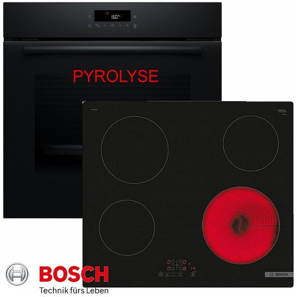 BOSCH Backofen-Set Pyrolyse Herdset Autark Backofen Selbstreinigung +Glaskeramik Kochfeld, Pyrolyse-Selbstreinigung, Pyrolyse + Hydrolyse