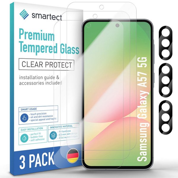 smartect Displayschutzglas Schutzglas Panzerfolie Klar 3 + 3 Stück für Samsung Galaxy A57 5G für Samsung Galaxy A57 5G, Set, 3 Stück, Display + Kamera, 9H Härte