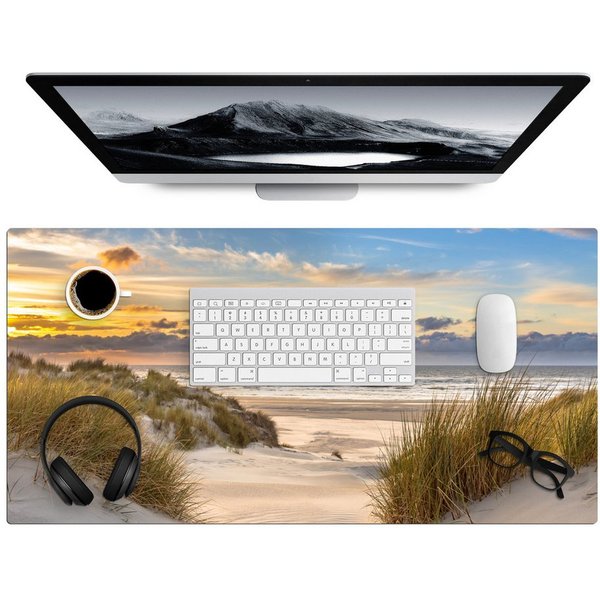 MuchoWow Gaming Mauspad Strand - Düne - Gras - Sonnenuntergang - Meer (1-St), Gaming Mauspad XXL, Schreibtischunterlage, Desk Mat Groß, 80x40 cm