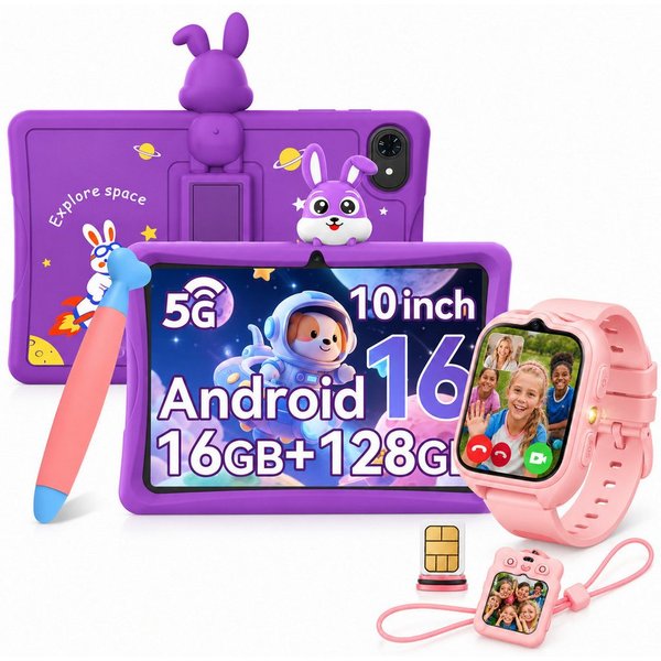 TABWEE 10" Android 16 Kindertablet 128 GB mit Stift Tablet (10", 128 GB, Android16, 5000mAh, stoßfeste Silikonhülle, Elternkontrolle, Google Kids Space)