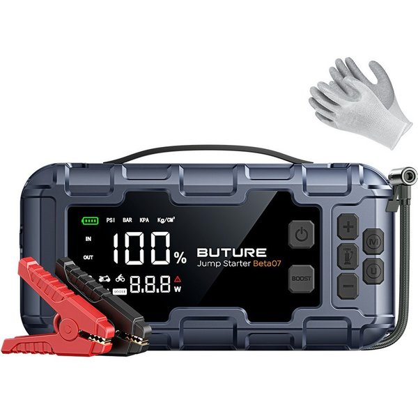 Buture 45W PD Schnellladung Starthilfegerät, 26800 mAh Powerbank, 6000A Starthilfegerät, 3-in-1 Powerbank, LED-Notlicht und 160 PSI-Reifenfüller, LCD-Display