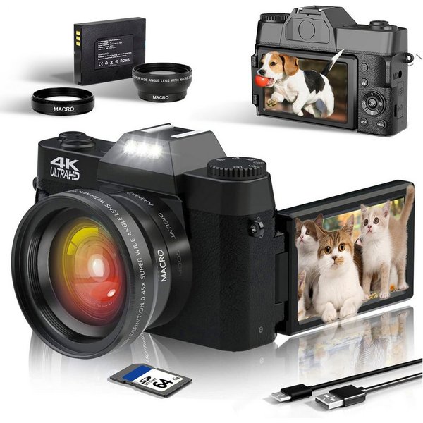 Fine Life Pro Digitalkamera 4K, Fotokamera mit 180° Flip 3.0" Bildschirm Kompaktkamera (48 MP, Kompaktkamera mit 64GB TF-Karte, WiFi-Funktionalität)
