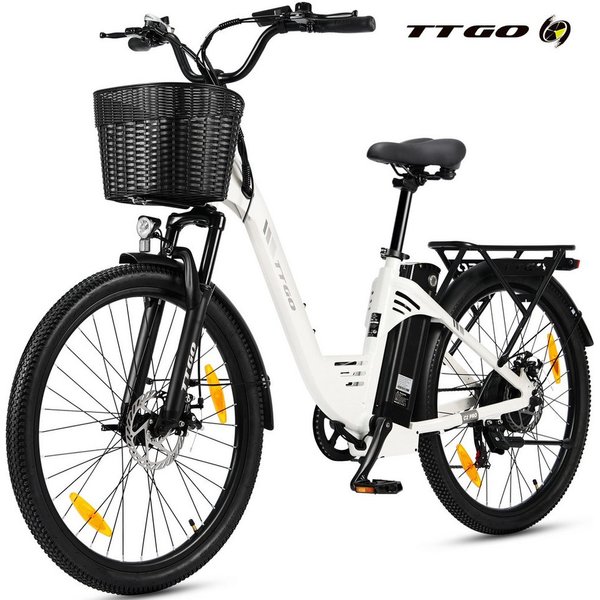 TTGO E-Bike Cityrad 26 Zoll, 650Wh, 120km, Federgabel, mit Frontkorb und Gepäckträger, 7 Gang SHIMANO, Kettenschaltung, Heckmotor, 650 Wh, (5 Stufen, Pedelec, b