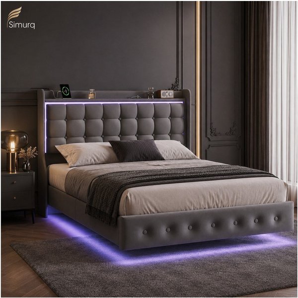 Simurq Polsterbett 140x200 mit Bettkasten LED USB Stauraum Kopfteil (Bettgestell mit Lattenrost, Bettgestell mit Lattenrost, ohne Matratze, 2 Pakete), Schwebend