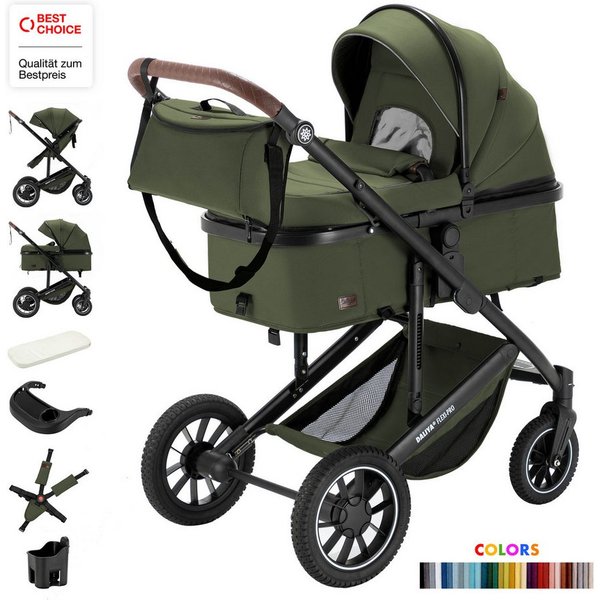Daliya® Kombi-Kinderwagen FLEXI-PRO M 2in1 Kinderwagen & Buggy, Reisekinderwagen, XXL Set, (10-tlg), Einhändig abnehmbare Wanne, Alu-Rahmen, Gummireifen, Gurte,