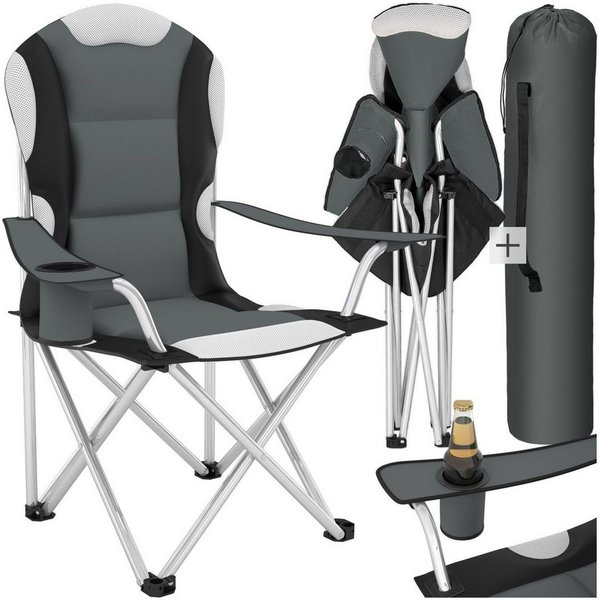 tectake Campingstuhl Gartenstuhl faltbar mit Polsterung, 60 x 88 x 105cm (Outdoor Klapptstuhl für Außen in Grau, 1 St), gepolstert, mit Getränkehalter, geringes