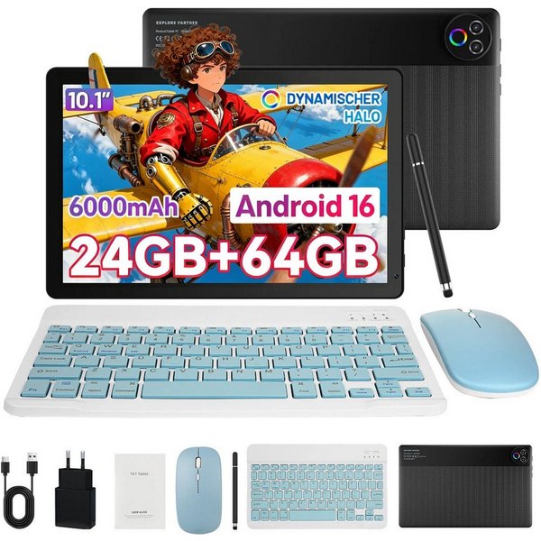 Happybe 10’’ HD Android, 64GB, WiFi6 mit Tastatur, Maus und Stift Tablet (10", 64 GB, Android 16, WiFi6, Großbs Display Tablet mit Stift, Tastatur und Maus, Wid