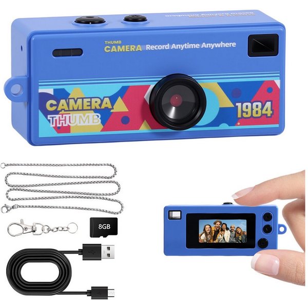 Pdgrid Retro Mini Daumenkamera 1080P mit Blitzlicht & 8GB TF-Karte Kompaktkamera (tragbar Kids Kamera, Schlüsselanhänger Digitalkamera, 1080 MP, 4 Filter mit Ty
