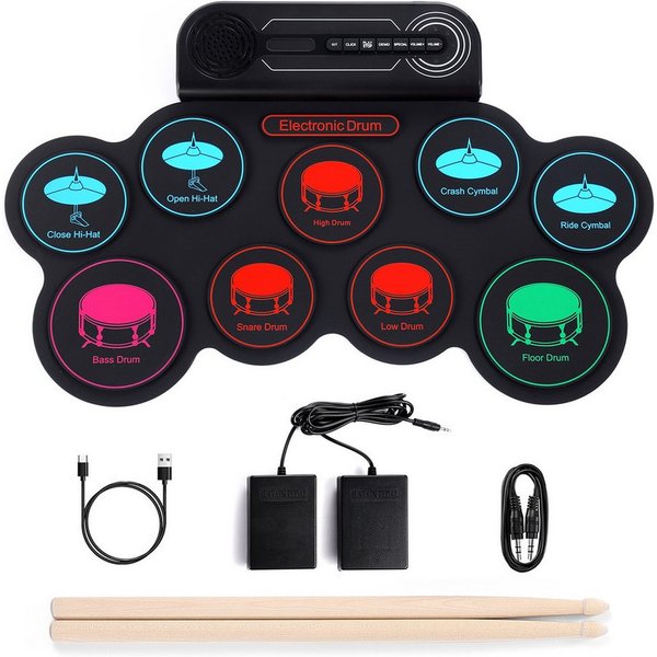 Fine Life Pro Schlagzeug Tragbares Elektronisches Schlagzeug –, 9 Drum Pads mit Metronom & Pedalsteuerung, 8 Demo-Stücke, Wiederaufladbarer Akku für Anfänger & 