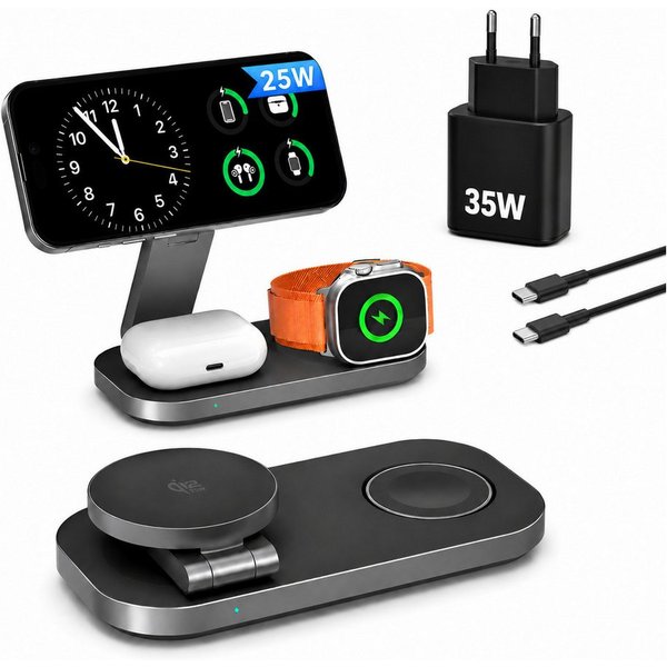 ibettertec 25w Apple Watch iPhone 3in1 MagSafe Wireless Charger Wireless Charger Induktions-Ladegerät (Schnelles Kabelloses Ladegerät, Verfügbar für iPhone 17/1