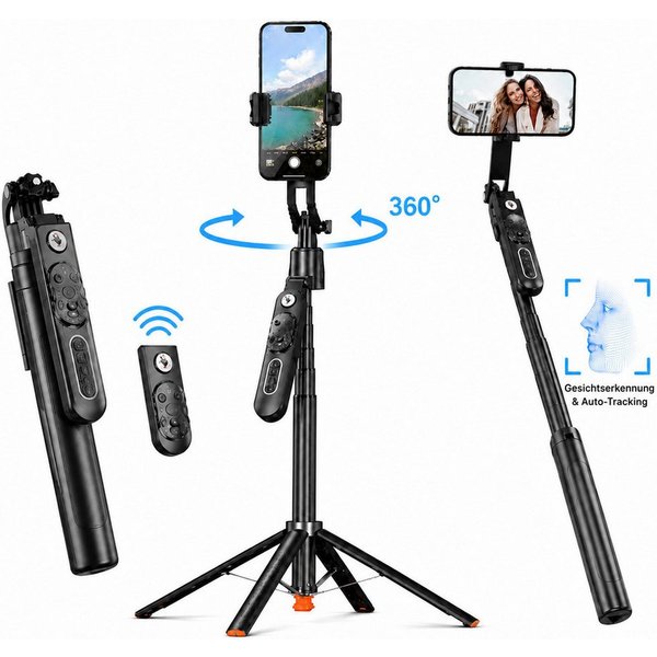 ibettertec Selfie-Stick 360° Gesichtsverfolgung Bluetooth-Fernbedienung 183 cm Teleskopstativ, integrierter Nachführfunktion Vlog/Live-Stream/Videoaufzeichnung