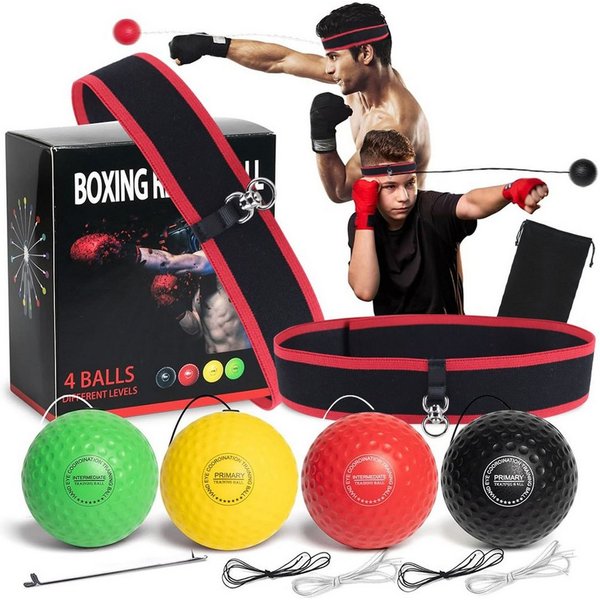 HEYHIPPO Bauchtrainer Reflex-Boxball Set mit 4 Bällen &2 Stirnbändern für Reaktions-Training (Satz, Verstellbarer Box-Reflexball für Erwachsene & Kinder, Kopfbe