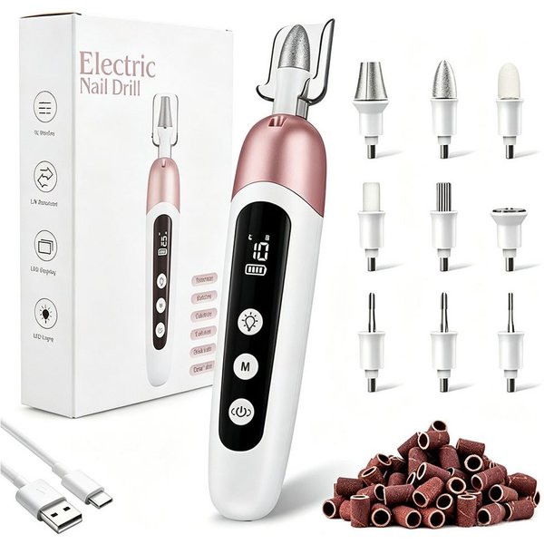 TUWENA Maniküre-Pediküre-Set Maniküre/Pediküre Set,Nagelfräser,Kabellos Akku Elektrische Nagelfeile, 9 Aufsätze Nagelfräser für Gelnägel mit 10 Geschwindigkeite