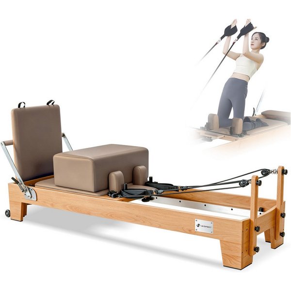JASPORT Pilates-Reformer Hochwertige Holz-Reformer Serie für Pilates-Studios, (Komplettset mit 6 Federn, Sitzbox, Jumpboard und Fußschlaufen), Für Heimtraining 