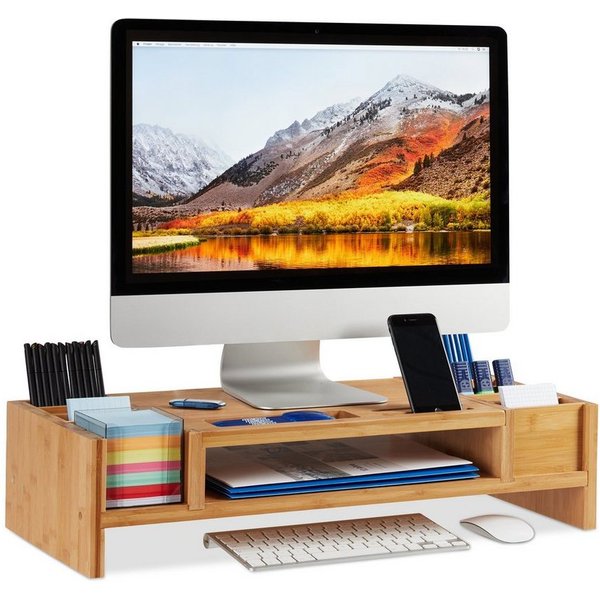relaxdays Monitor-Halterung Monitorständer mit Staufächern, (bis 29 Zoll, 1-tlg)