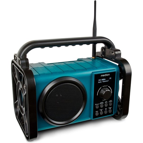 Medion® Baustellenradio MEDION® LIFE® E66877 (MD43877) Baustellenradio (AM/FM, MW/UKW, DAB+, 5 W, integrierter Akku, LED-Arbeitslicht, Bluetooth 5.0, IP44-Schut