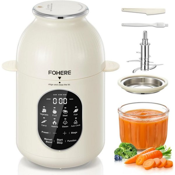 FOHERE Babynahrungszubereiter Automatischer Zerkleinerer, Dampfgarer und Mixer, aus Edelstahl, weiß