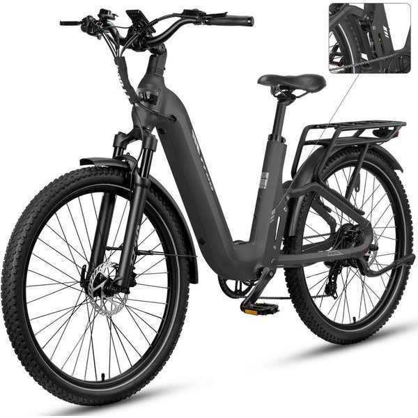 TTGO E-Bike Cityrad 28 Zoll, Fully, Vollfederung, 120km, Drehmomentsensor, mit Bremslicht, 7 Gang Shimano, Kettenschaltung, Heckmotor, 720 Wh, (5 Stufen, Farb-L