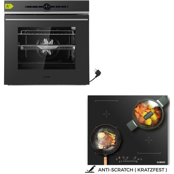 KB Elements Induktions Herd-Set Kratzfestes Induktion 60 cm mit Einbaubackofen 60 cm, mit 2-fach-Teleskopauszug, AQUA CLEAN, Air Fry Funktion, Rotisserie Funkti