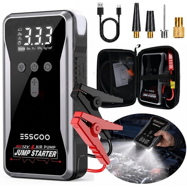 ESSGOO 5000A 12V 4-in-1 Auto Starthilfe Powerbank 150PSI Kompressor Autobatterie-Ladegerät (18000 mAh, LED-Leuchte, 9,0L Benzin Oder 8,0L Diesel, -20°C bis 60°C