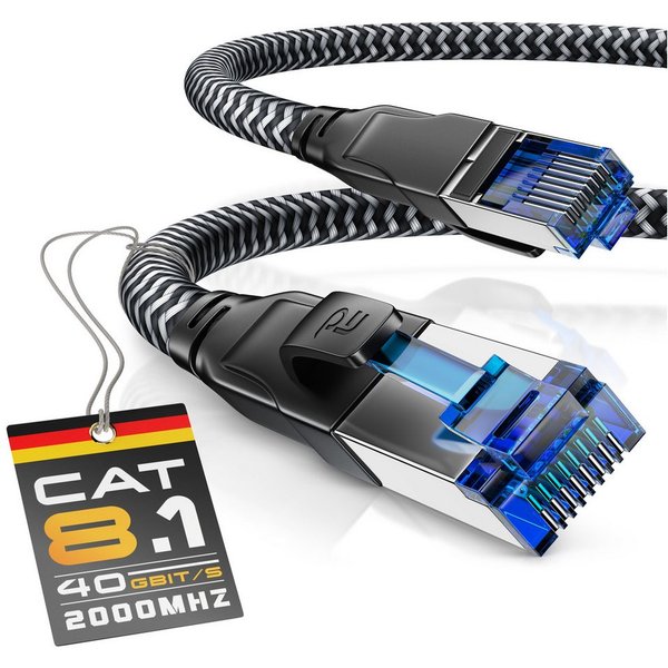 Primewire Patchkabel CAT 8, Baumwollummantelung, Netzwerkkabel 40 Gbit/s - 1m LAN-Kabel, CAT.8, RJ-45 (Ethernet) (100 cm), für Router, Modem, Switch, PC, ideal 