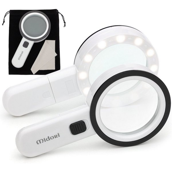 Midori Handlupe, 3-tlg., Leselupe Lupe Handlupe mit LED-Licht 30-fache Vergrößerung 80mm Linse