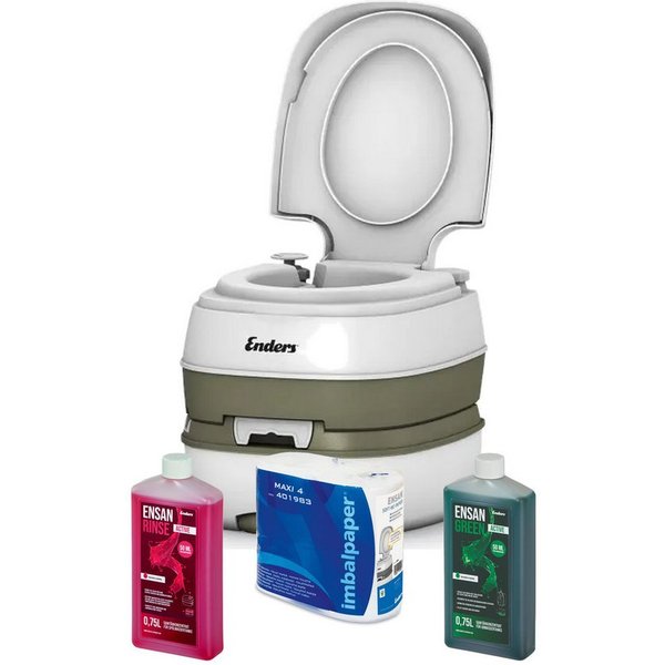 Enders® Campingtoilette Deluxe Green Set, (Spar-Set, inkl. 0,75L RINSE + 0,75L GREEN + 4 Rollen selbstaufl. Toilettenpapier), Kolbenpumpe, farbige Füllstandsanz
