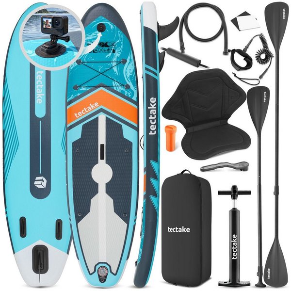 tectake SUP-Board Aufblasbares Paddleboard mit Kamerahalterung, Kajak-Sitz, 200 kg, Stand-up Paddle, (Sup Board Set Palagios, in Türkis/orange), Rutschfestes De