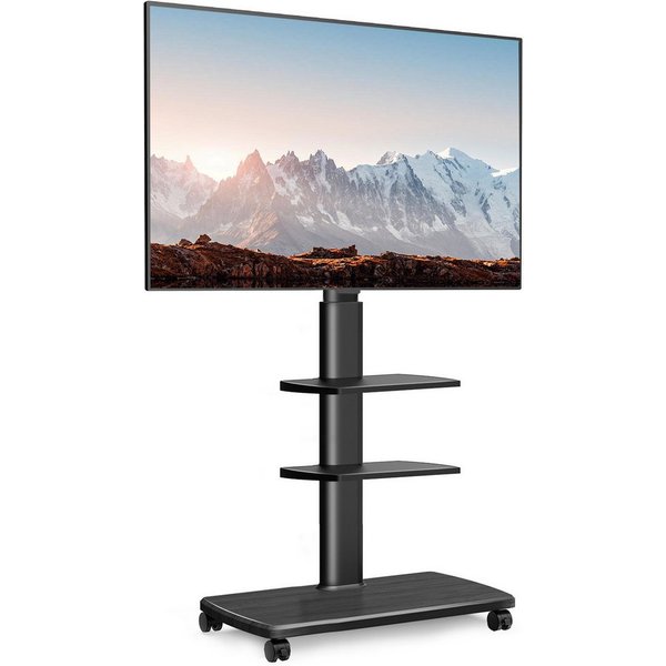 FITUEYES TV-Ständer mit Rollen, Ablagen, ±30° schwenkbar, 32-70 Zoll, (bis 70,00 Zoll, 127-147 cm höhenverstellbar, Holz-Bodenplatte)
