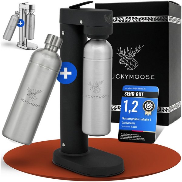 Luckymoose Wassersprudler Infinity-S mit 2x 1,25L langlebige Edelstahlflaschen, (2xSilber-tlg), Spart bis zu 25% CO2, Flaschen spülmaschinenfest & ohne Ablaufda